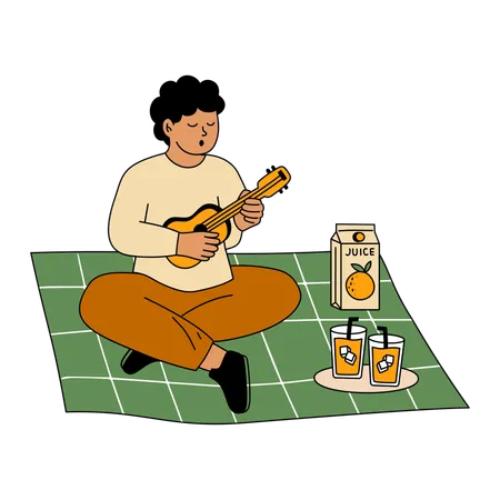 Boy playing guitar while picnic  Illustration