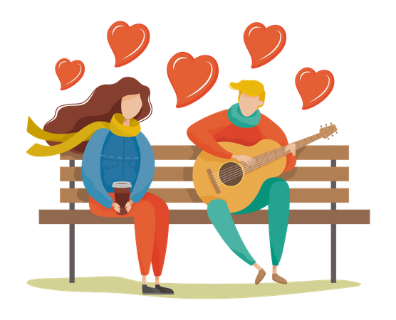 Boy playing guitar while sitting on park bench with girlfriend Illustration