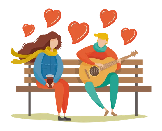 Boy playing guitar while sitting on park bench with girlfriend Illustration