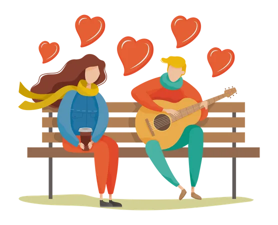 Boy playing guitar while sitting on park bench with girlfriend  Illustration