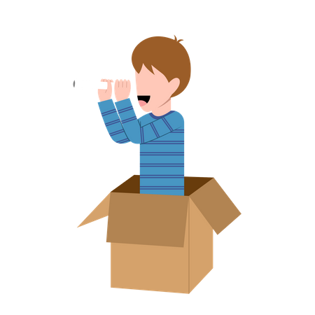 Boy Playing in box holding telescope  イラスト