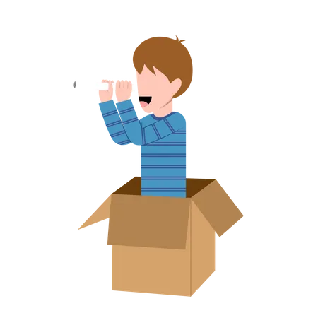 Boy Playing in box holding telescope  Illustration