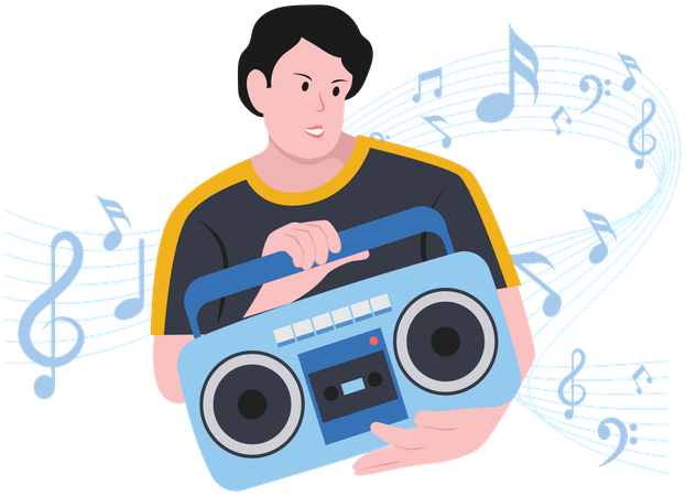 Boy playing music on Soundbox  Illustration