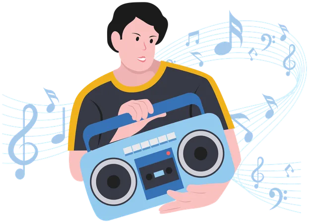 Boy playing music on Soundbox  Illustration