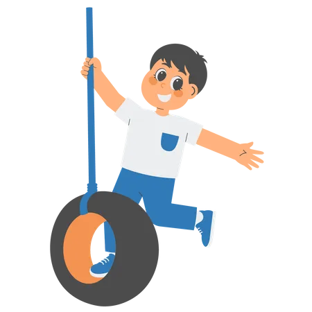 Boy Playing On Tire Swing  Illustration