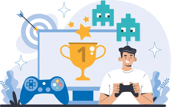 Boy playing online game while winning game  Illustration