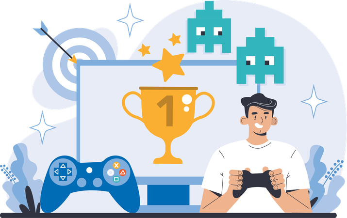 Boy playing online game while winning game  Illustration