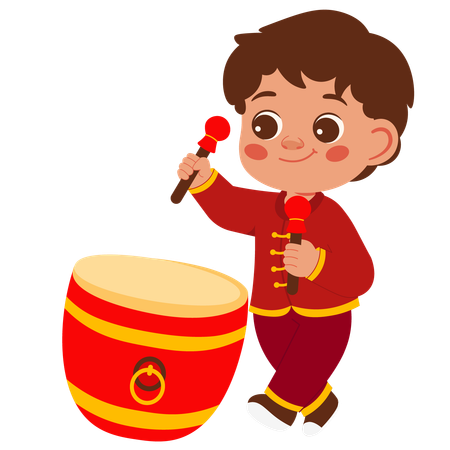 Boy playing parongsay drum on lunar new year  Illustration