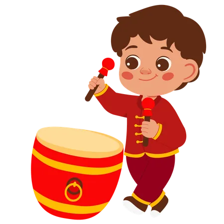 Boy playing parongsay drum on lunar new year  Illustration