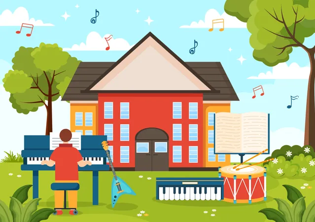 Music School Vector Illustration With Playing Various Musical Instruments Learning Education Musicians And Singers In Flat Kids Cartoon Background Illustration