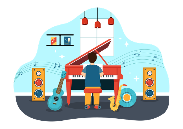 Boy playing piano at school  Illustration