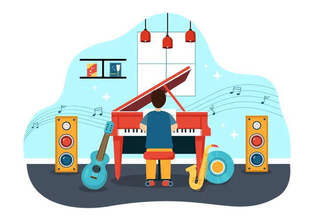 Boy playing piano at school  Illustration