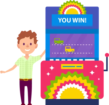 Boy Playing Racing Cars Arcades You Win Colorful Retro Game Machine Happy Smiling Young Man With Curly Hair In Gaming Room Excited Male Player Winning Illustration