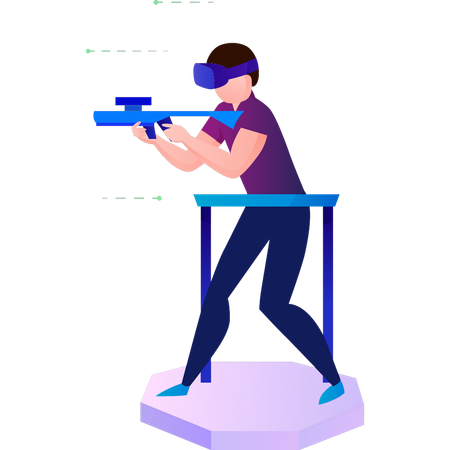 Boy Playing Shooting Game With Vr Glasses  Illustration
