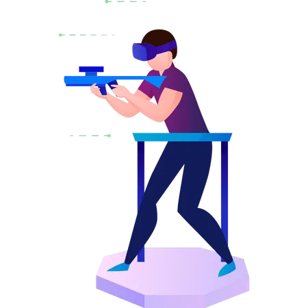 Boy Playing Shooting Game With Vr Glasses  Illustration