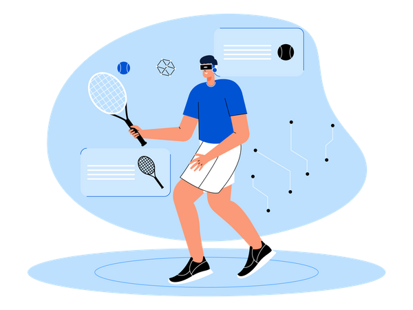 Boy playing tennis using metaverse tech Illustration