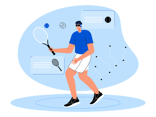 Boy playing tennis using metaverse tech  Illustration