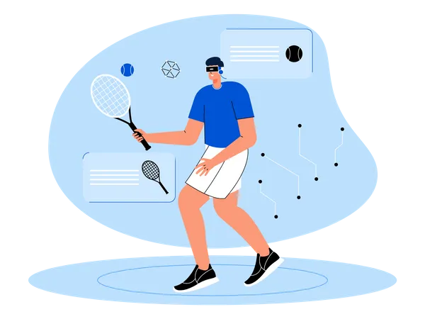 Boy playing tennis using metaverse tech  Illustration