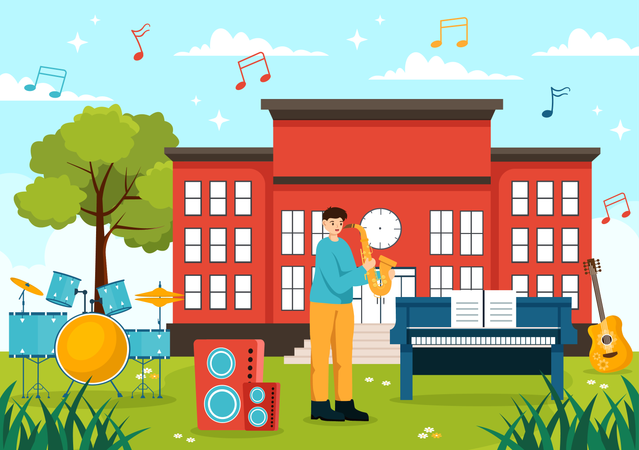 Boy playing trumpet at music school  Illustration