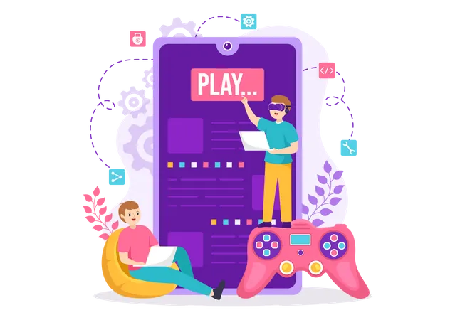 Boy playing Video Game in mobile Illustration