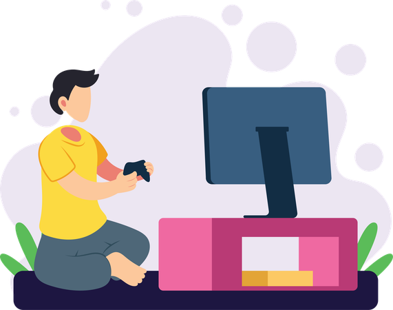 Boy playing video game on television screen  Illustration