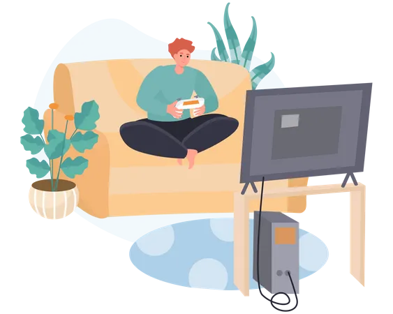 Boy playing video games on tv Illustration