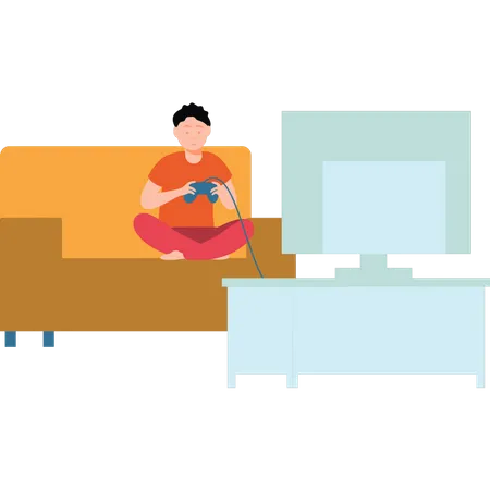 Boy playing video games on TV Illustration