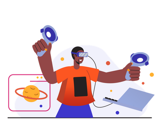 Boy Playing Virtual Space Game  Illustration