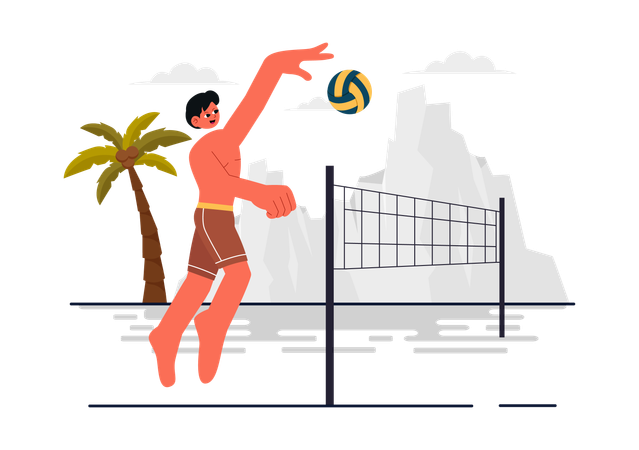 Boy Playing Volleyball at Beach  Illustration