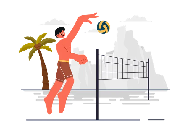 Boy Playing Volleyball at Beach  Illustration