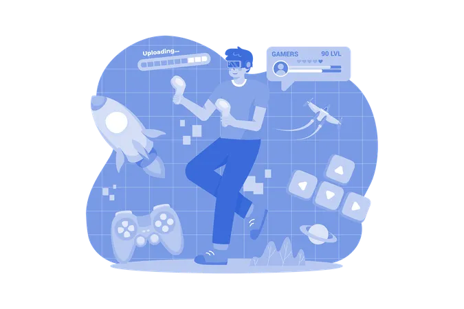 Boy Playing VR Game Illustration Concept On A White Background Illustration