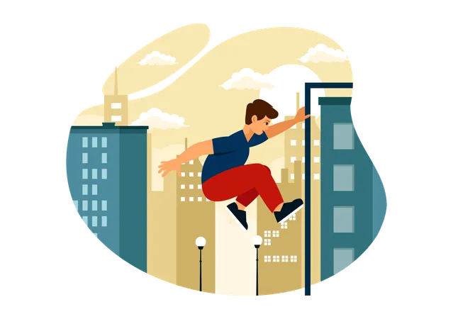 Boy playing wall jumping game  Illustration