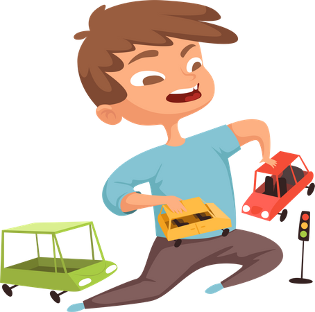 Boy playing with car toys Illustration