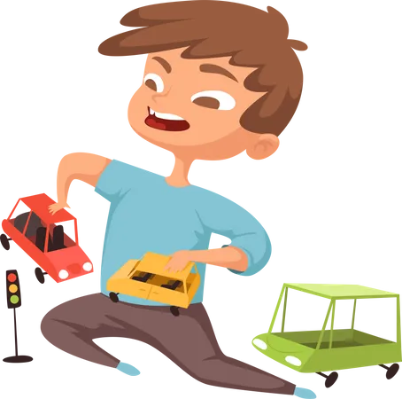 Boy playing with car toys Illustration