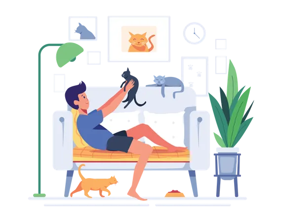 Boy playing with cat  Illustration