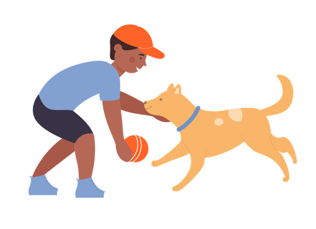 Boy playing with dog  イラスト