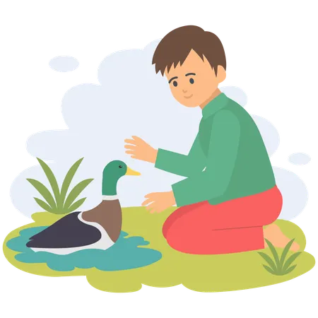 Boy playing with duck  Illustration