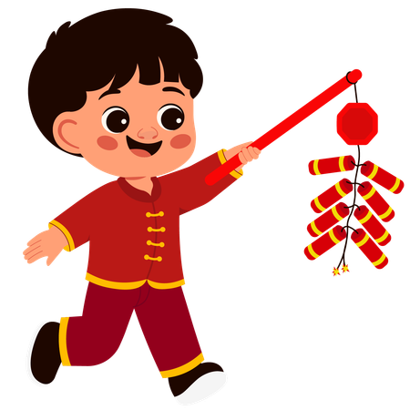 Boy playing with firecrackers on lunar new year  Illustration