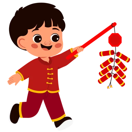 Boy playing with firecrackers on lunar new year  Illustration