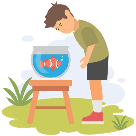 Boy playing with fish  Illustration