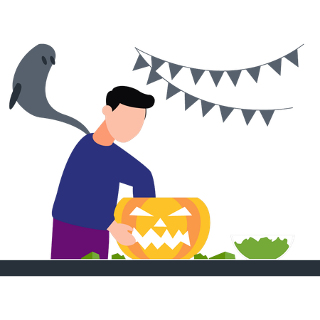 Boy playing with Halloween pumpkin  Illustration