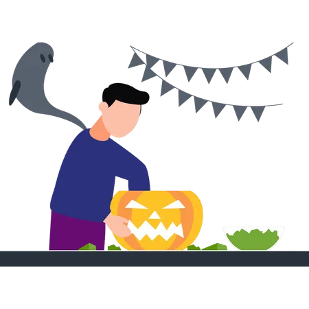 Boy playing with Halloween pumpkin  Illustration