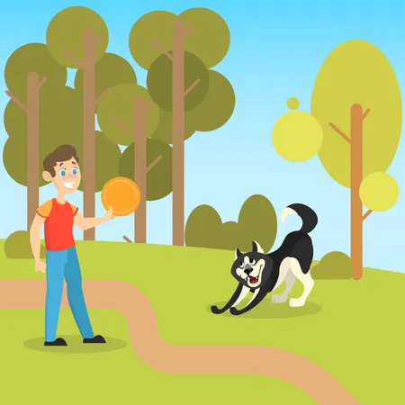 Boy playing with his pet dog in the park  Illustration