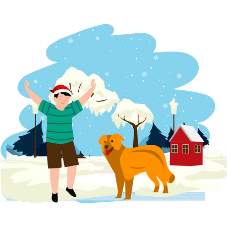 Boy playing with his pet on Christmas  Illustration