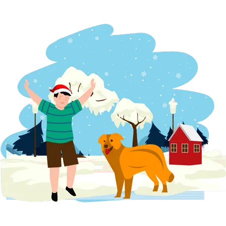 Boy playing with his pet on Christmas  Illustration