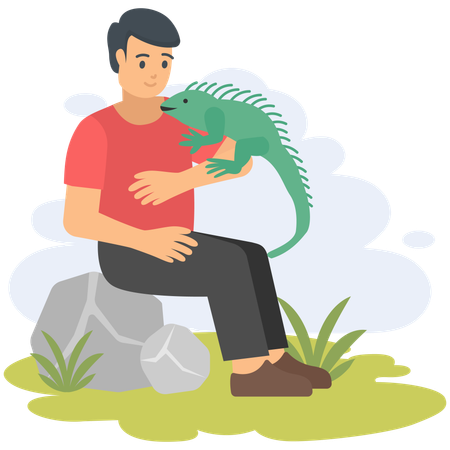 Boy playing with iguana  Illustration