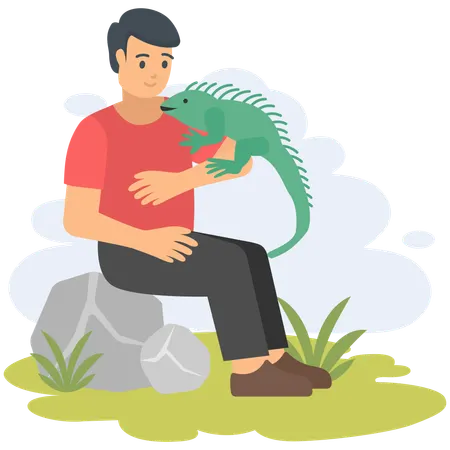 Boy playing with iguana  Illustration