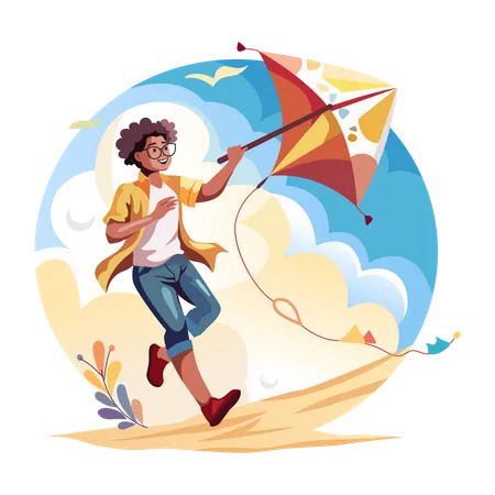 Boy playing with kite  Illustration