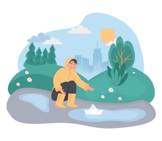 Boy playing with paper boat in water pond Illustration
