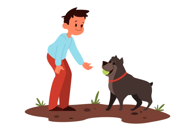 Boy playing with pet dog at park  Illustration